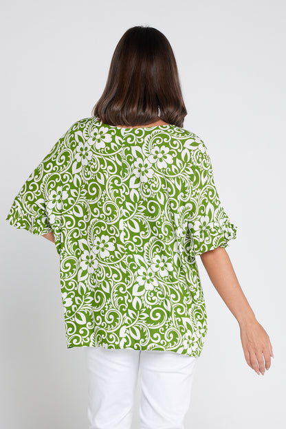 Farrah V Neck Top - Green Print