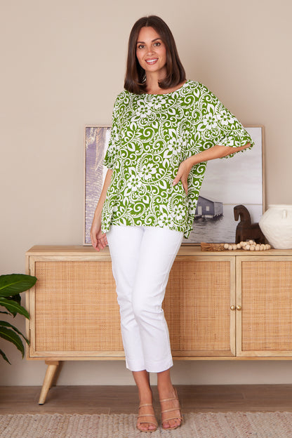 Farrah V Neck Top - Green Print