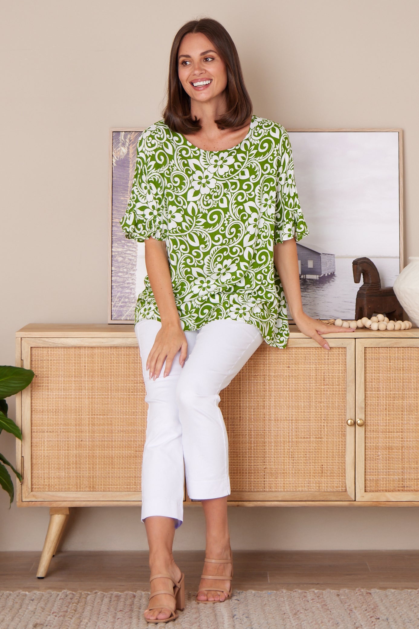 Farrah V Neck Top - Green Print