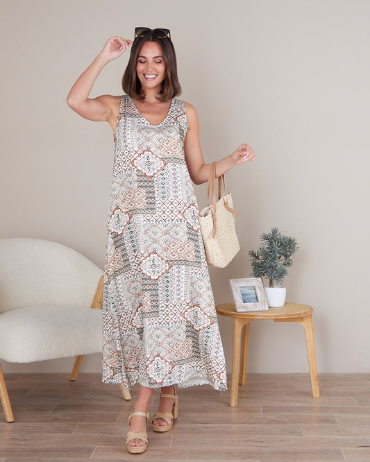 Archie Sleeveless Maxi Dress - Cocoa Aztec