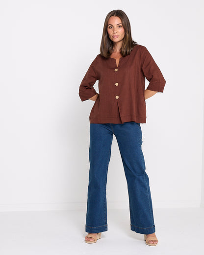 Mahri Linen Top - Chocolate