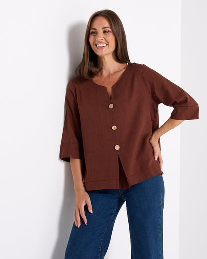 Mahri Linen Top - Chocolate