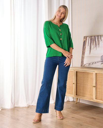 Mahri Linen Top - Emerald Green