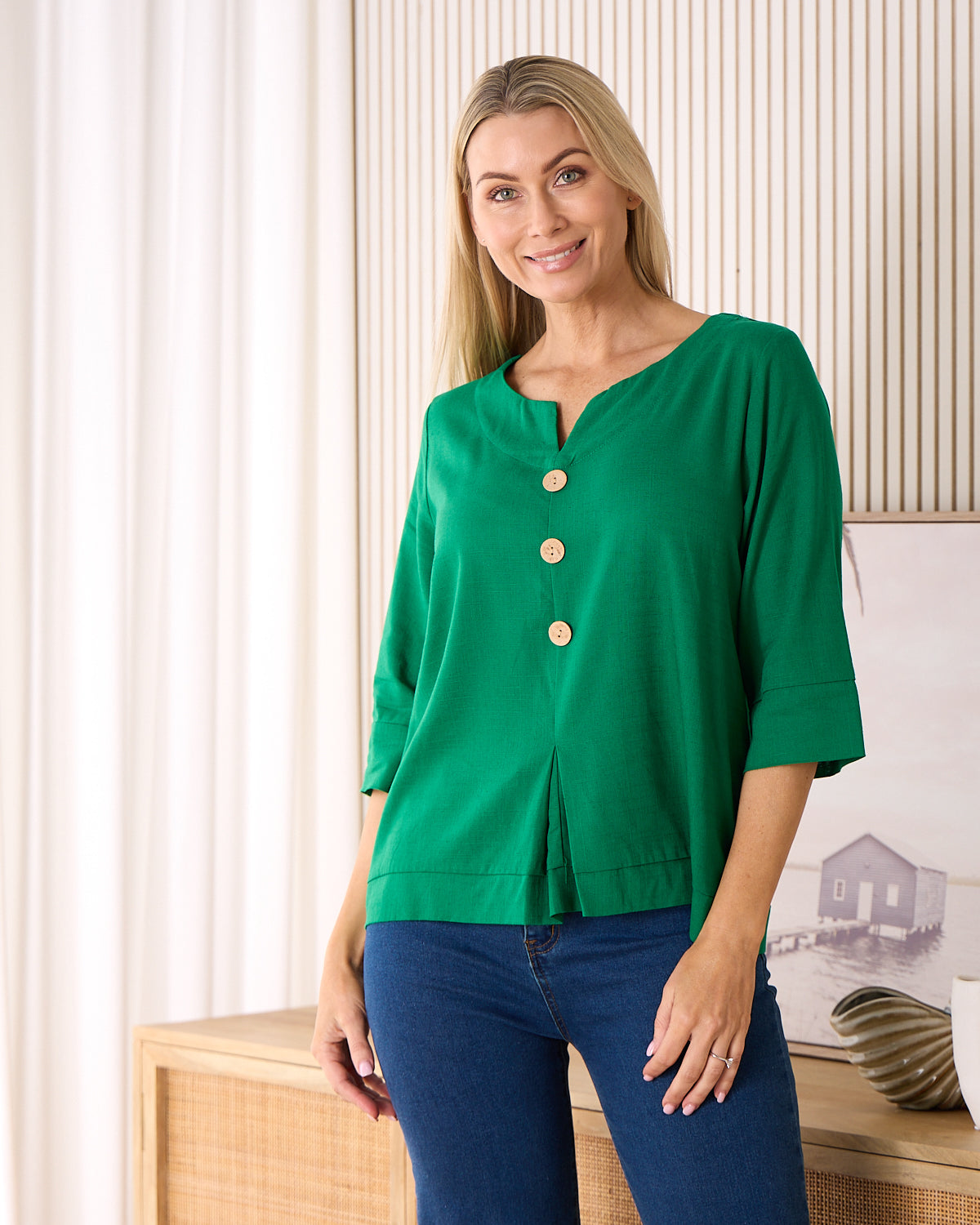 Mahri Linen Top - Emerald Green