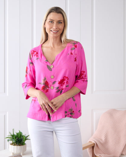 Mahri Linen Top - Fuchsia Azalea