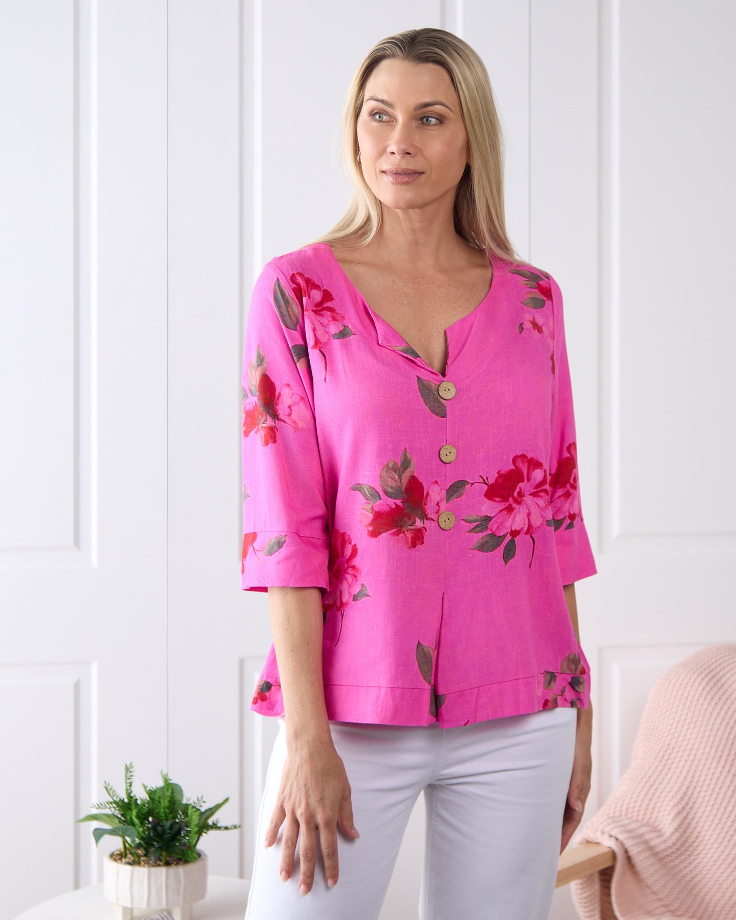 Mahri Linen Top - Fuchsia Azalea