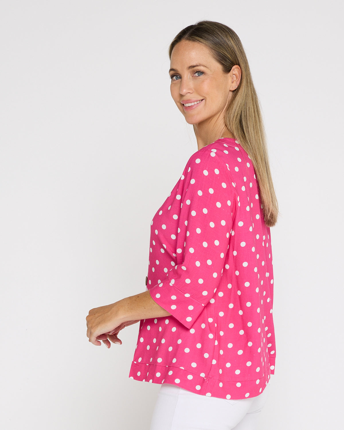 Mahri Linen Top - Hot Pink/Spot