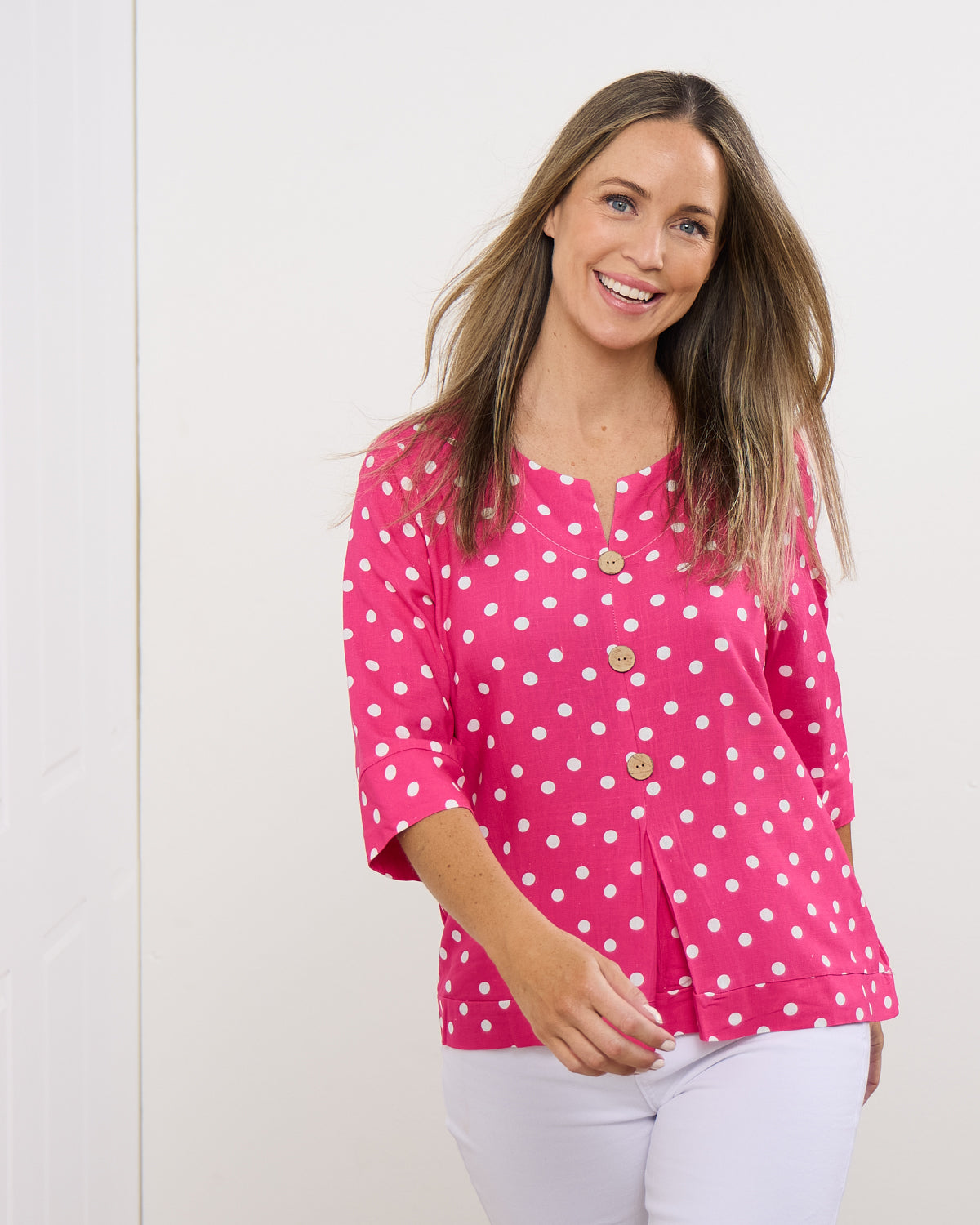 Mahri Linen Top - Hot Pink/Spot