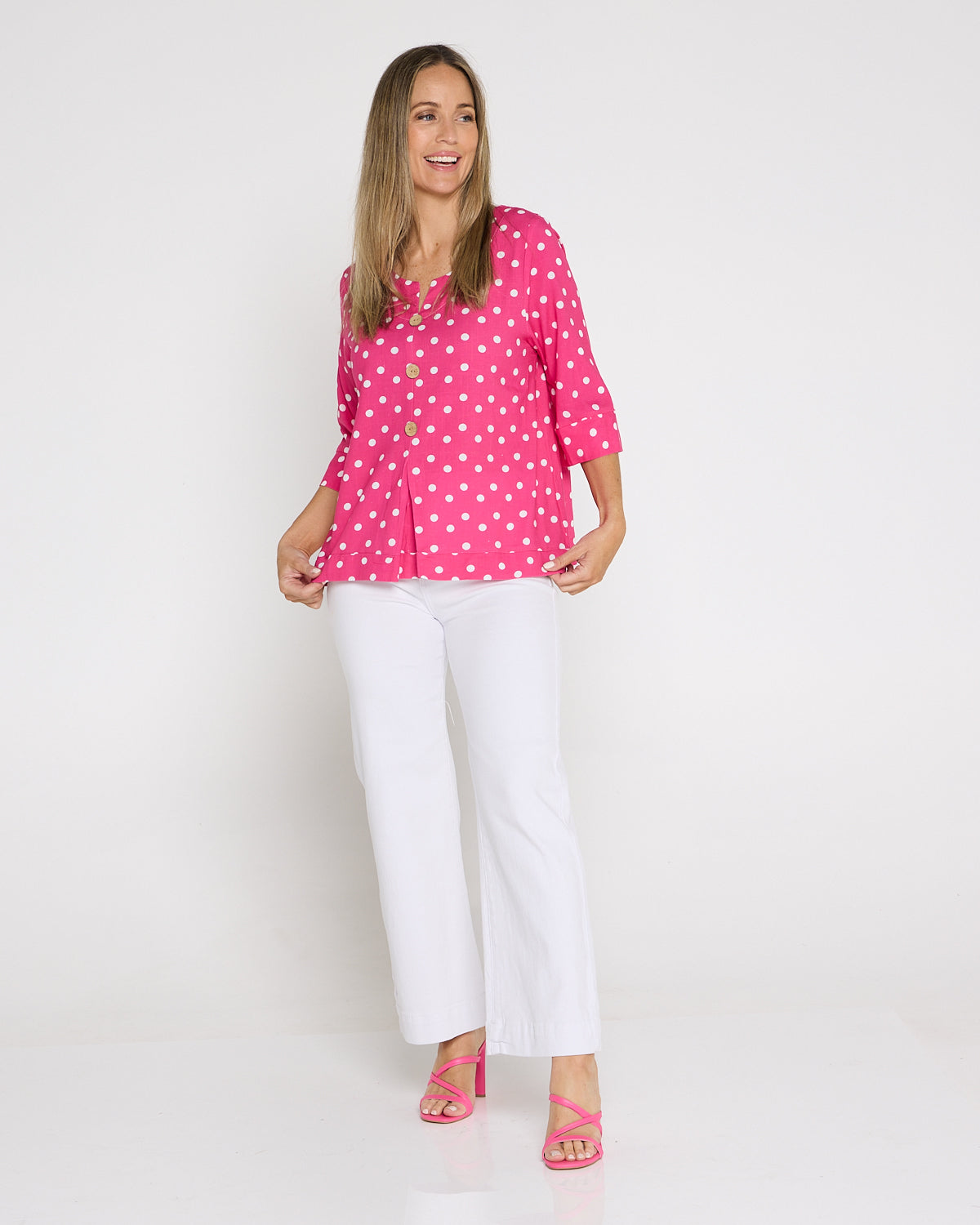 Mahri Linen Top - Hot Pink/Spot