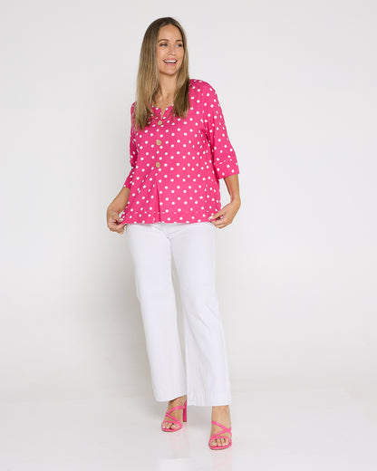 Mahri Linen Top - Hot Pink/Spot