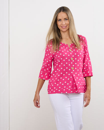 Mahri Linen Top - Hot Pink/Spot