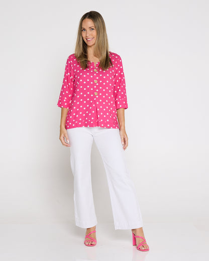 Mahri Linen Top - Hot Pink/Spot