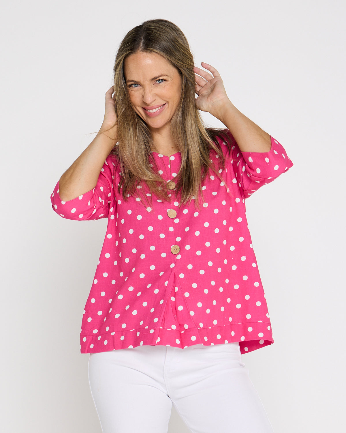 Mahri Linen Top - Hot Pink/Spot