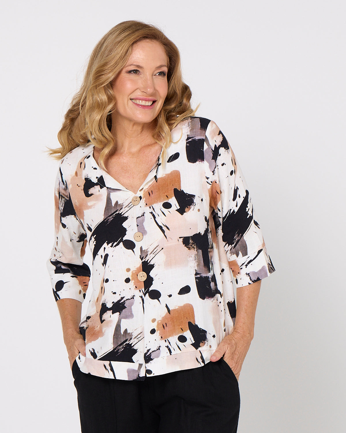 Mahri Linen Top - Espresso Abstract