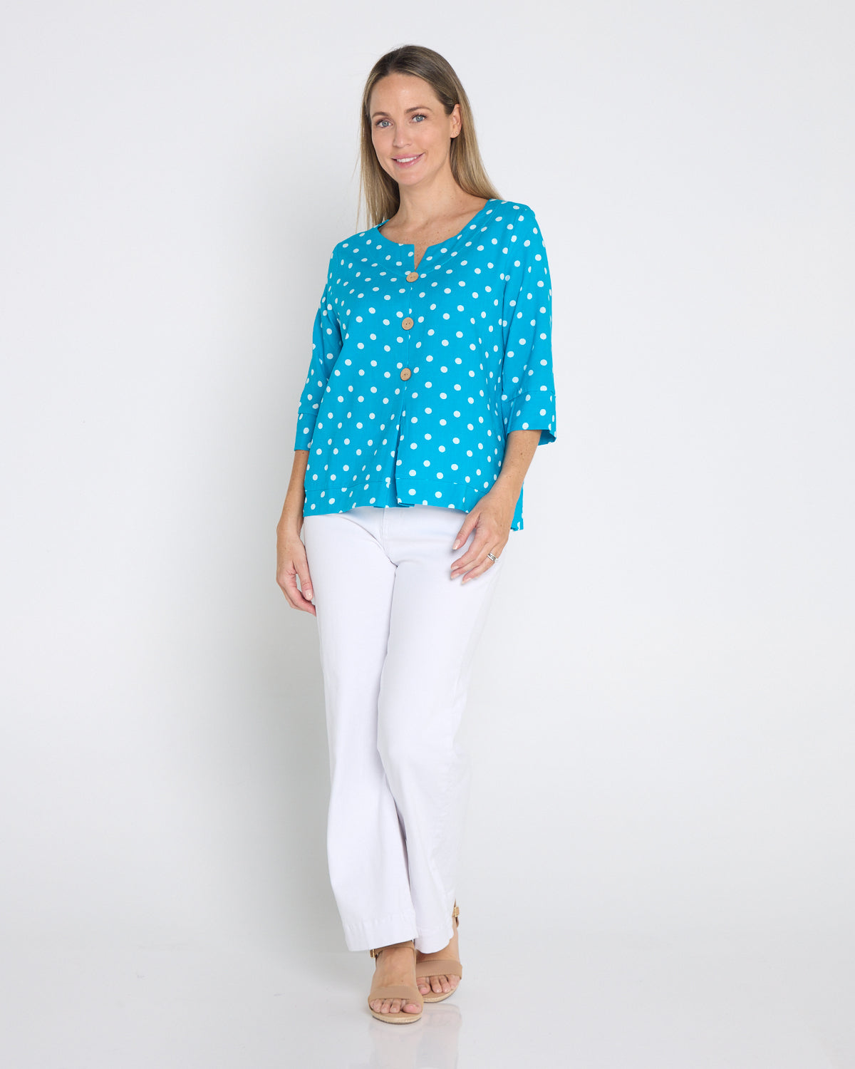 Mahri Linen Top - Bright Aqua/Spot