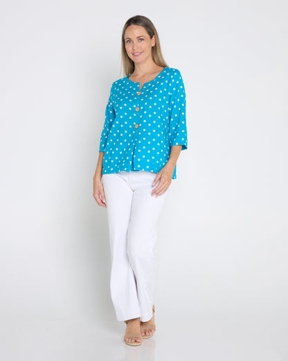 Mahri Linen Top - Bright Aqua/Spot