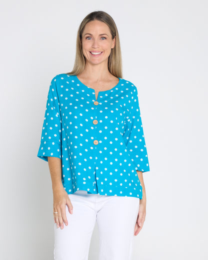 Mahri Linen Top - Bright Aqua/Spot
