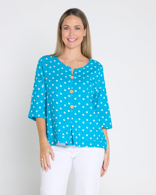 Mahri Linen Top - Bright Aqua/Spot