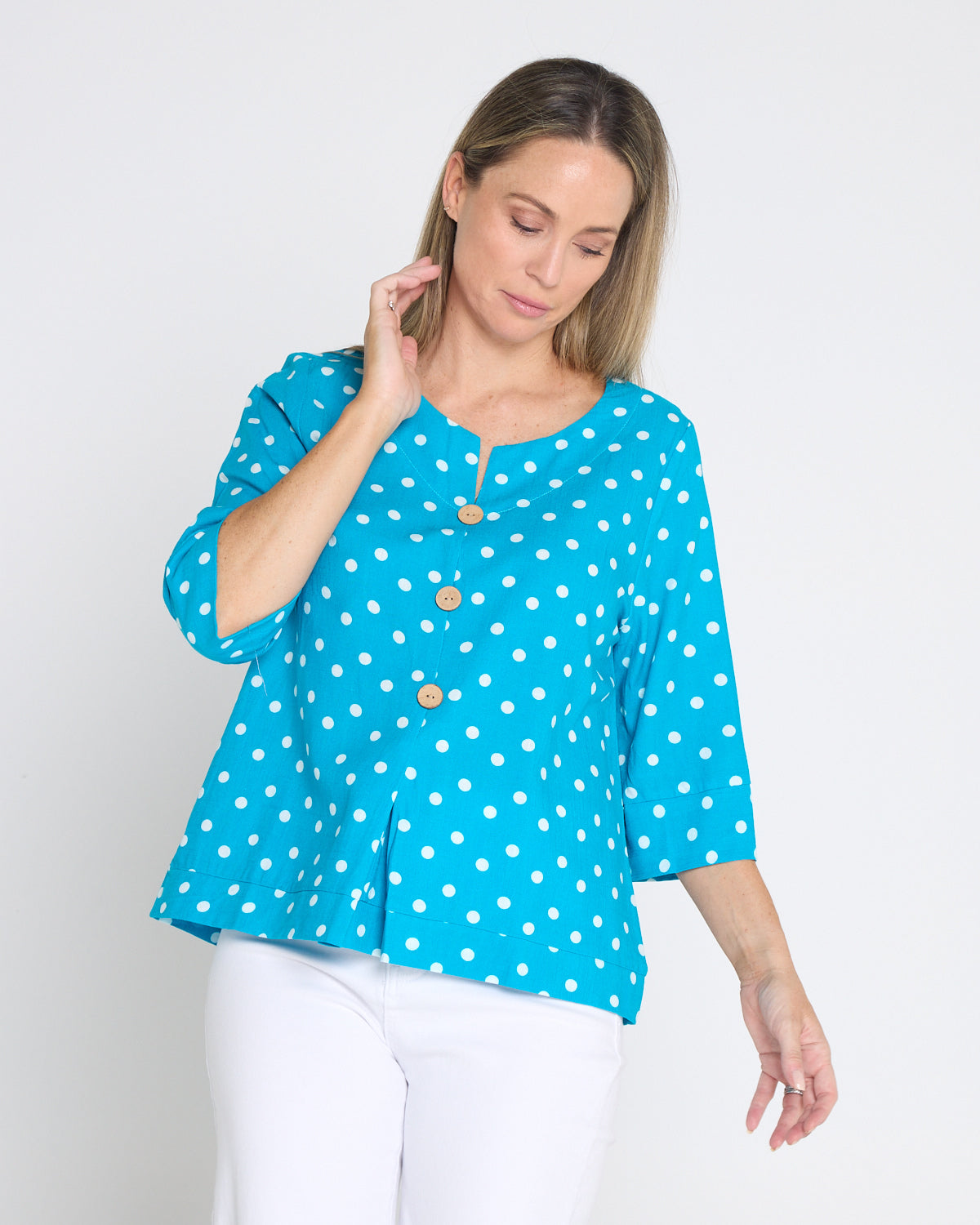 Mahri Linen Top - Bright Aqua/Spot