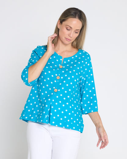 Mahri Linen Top - Bright Aqua/Spot