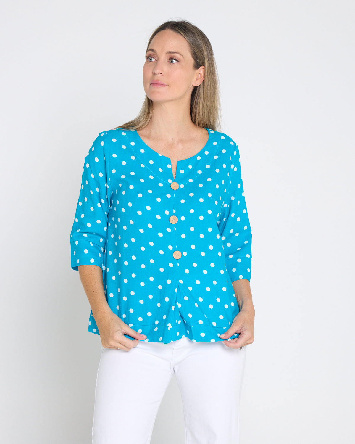Mahri Linen Top - Bright Aqua/Spot