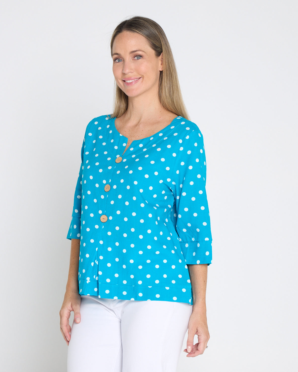 Mahri Linen Top - Bright Aqua/Spot