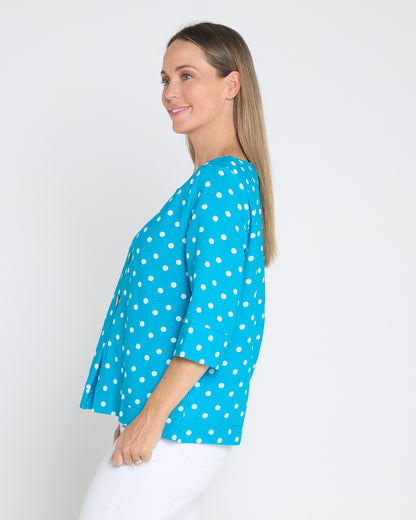 Mahri Linen Top - Bright Aqua/Spot