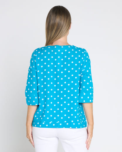 Mahri Linen Top - Bright Aqua/Spot