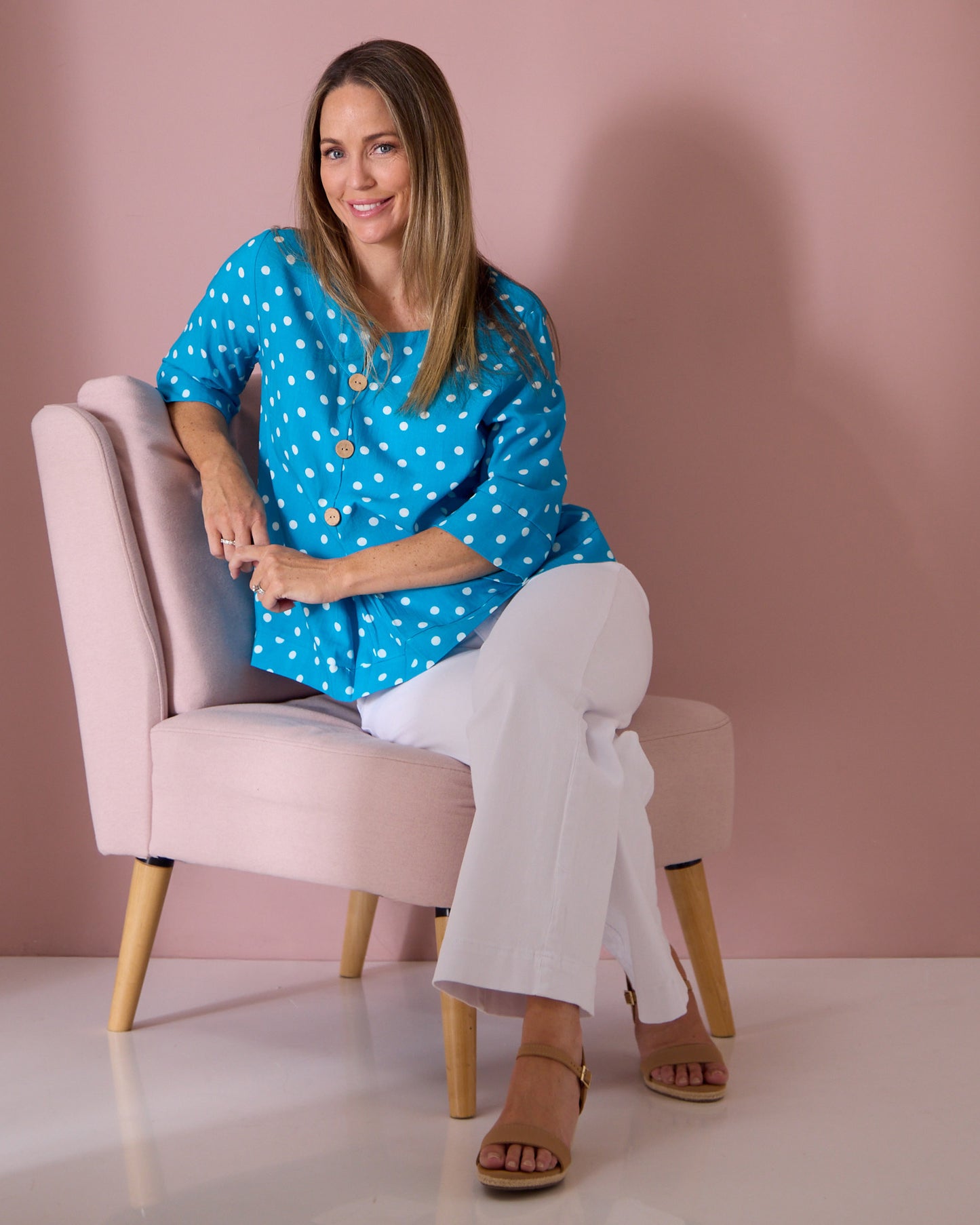 Mahri Linen Top - Bright Aqua/Spot