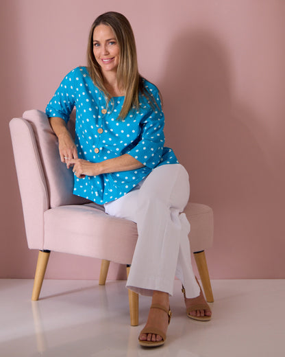 Mahri Linen Top - Bright Aqua/Spot