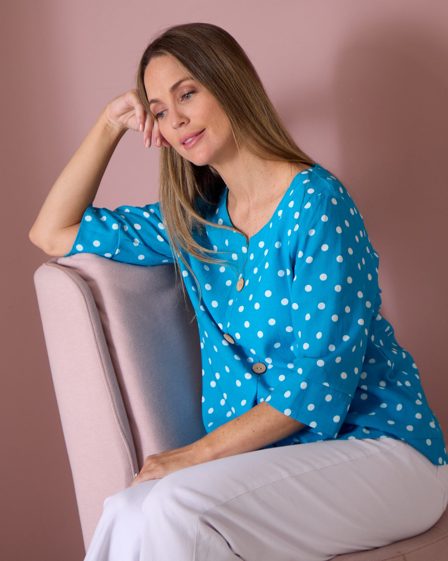 Mahri Linen Top - Bright Aqua/Spot