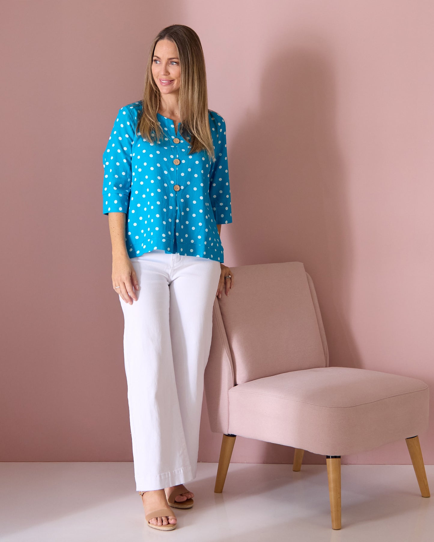 Mahri Linen Top - Bright Aqua/Spot