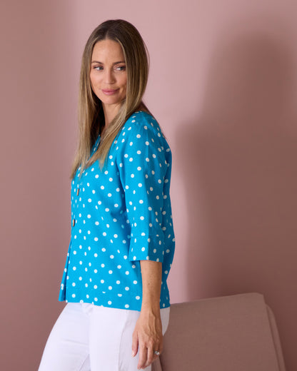 Mahri Linen Top - Bright Aqua/Spot