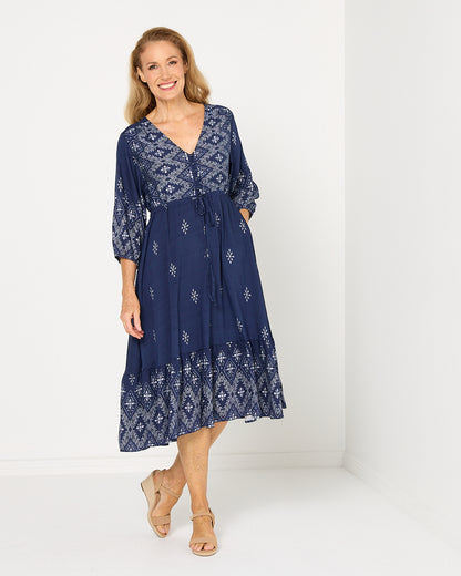 Rosalie Dress - Indigo Mosaic
