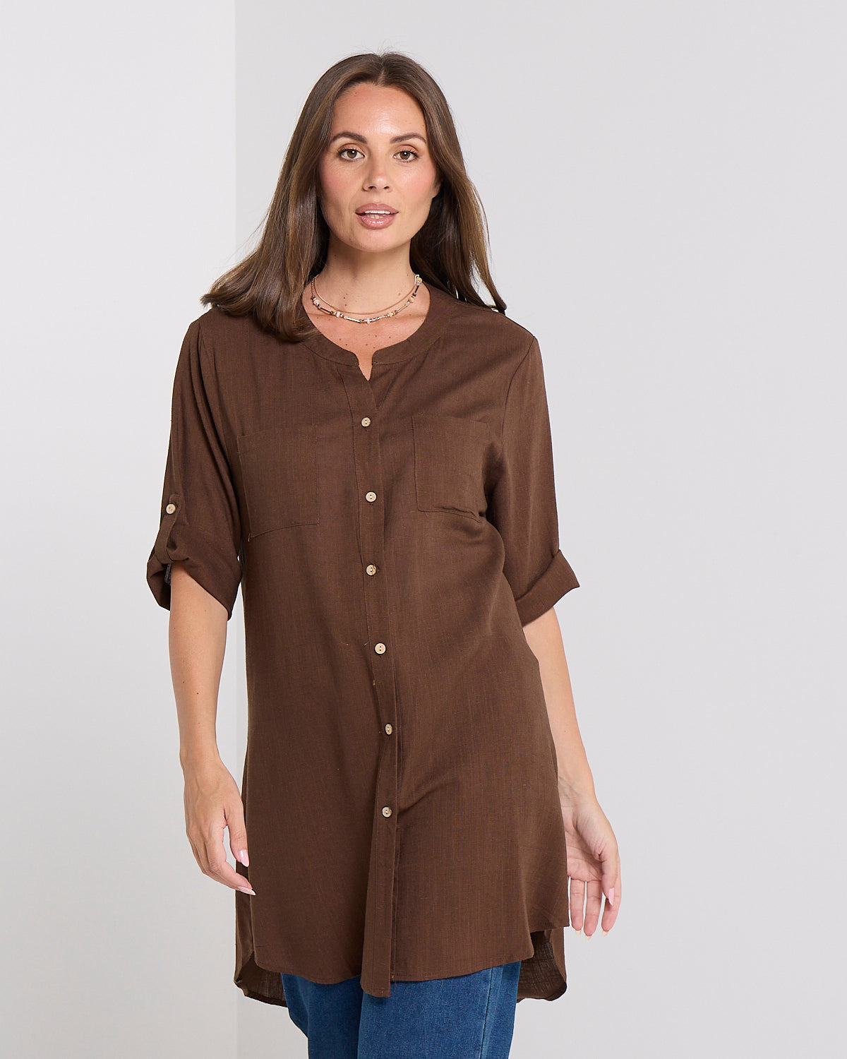 Candace Tunic Shirt Brown – Linen Blend Women's Top Australia