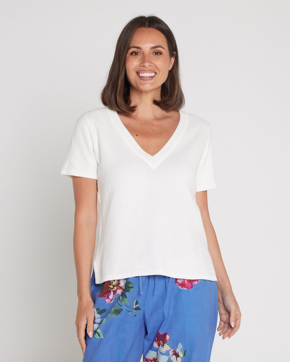 Artemis Waffle Knit Cotton Tee - Ivory White