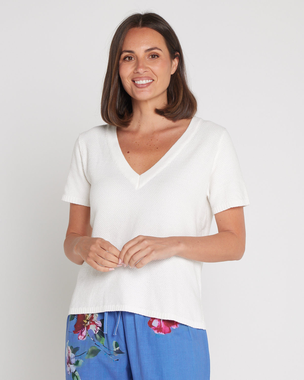 Artemis Waffle Knit Cotton Tee - Ivory White