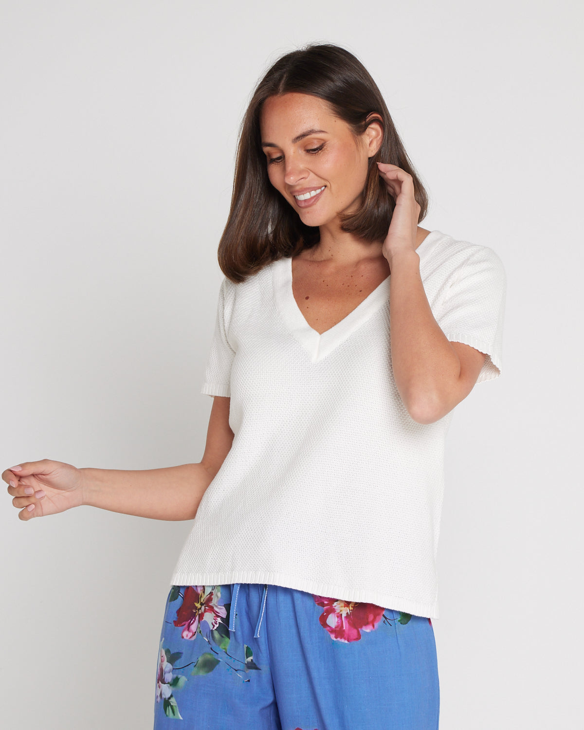 Artemis Waffle Knit Cotton Tee - Ivory White