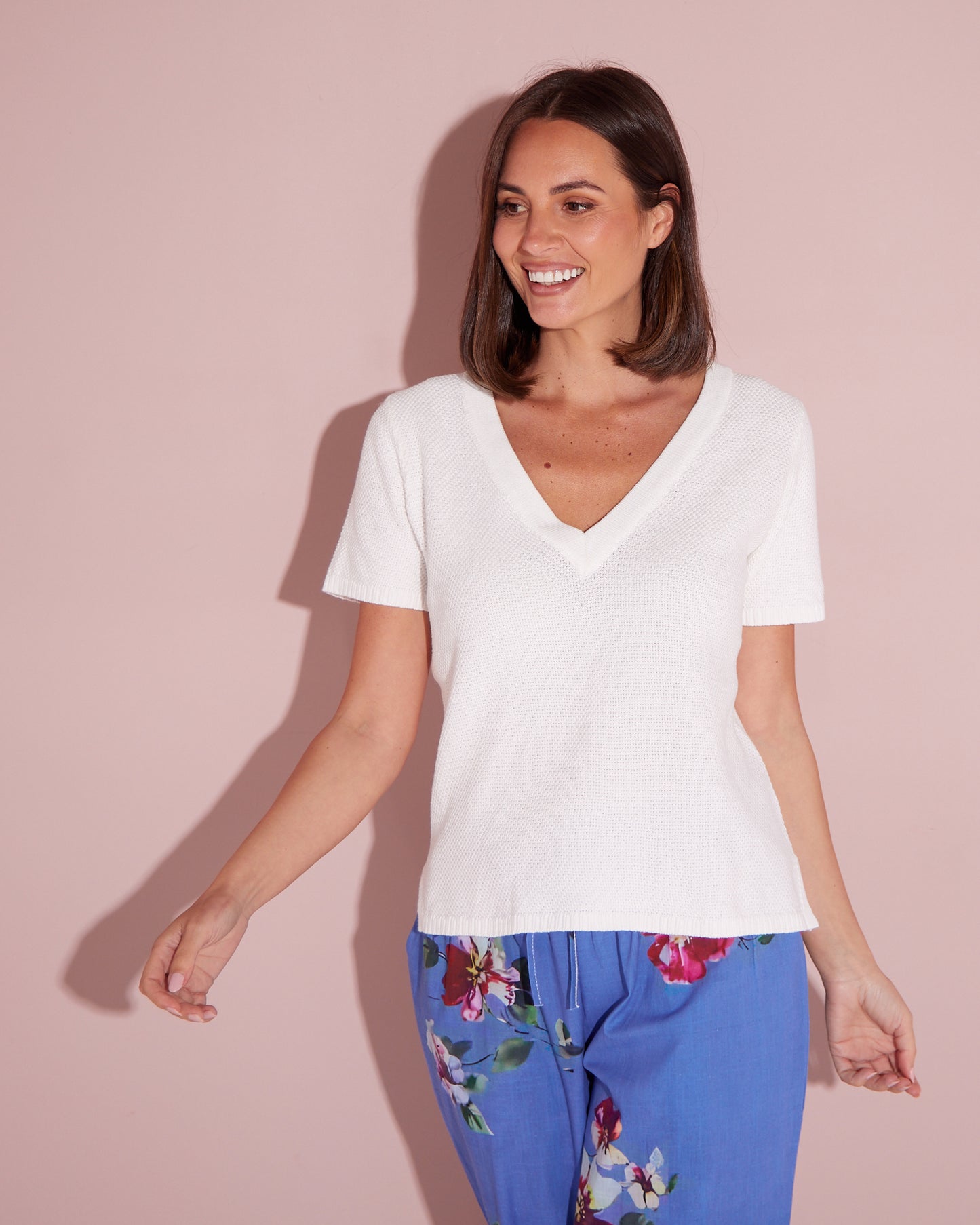 Artemis Waffle Knit Cotton Tee - Ivory White