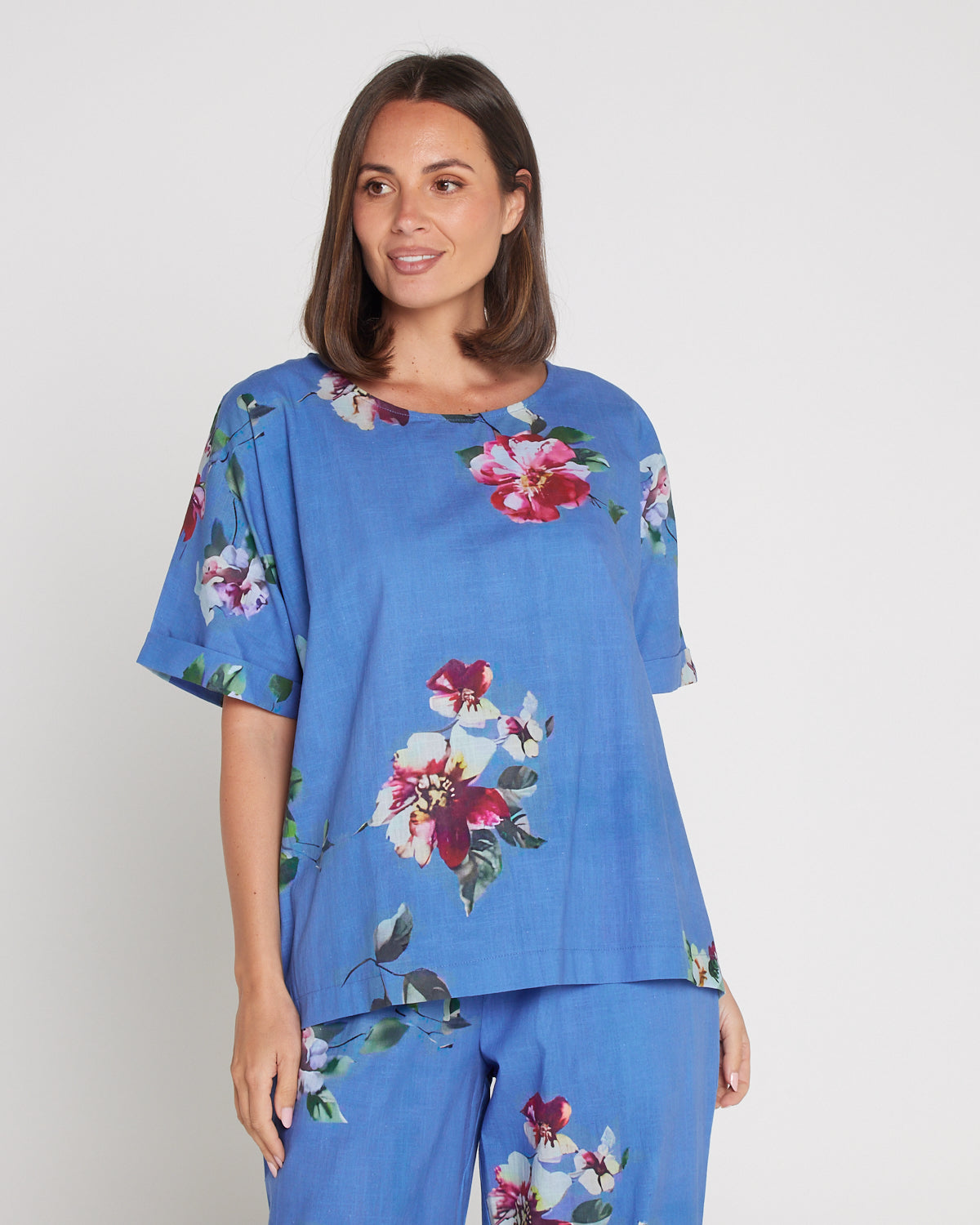 Jasmin Washed Cotton Top - Denim Floral