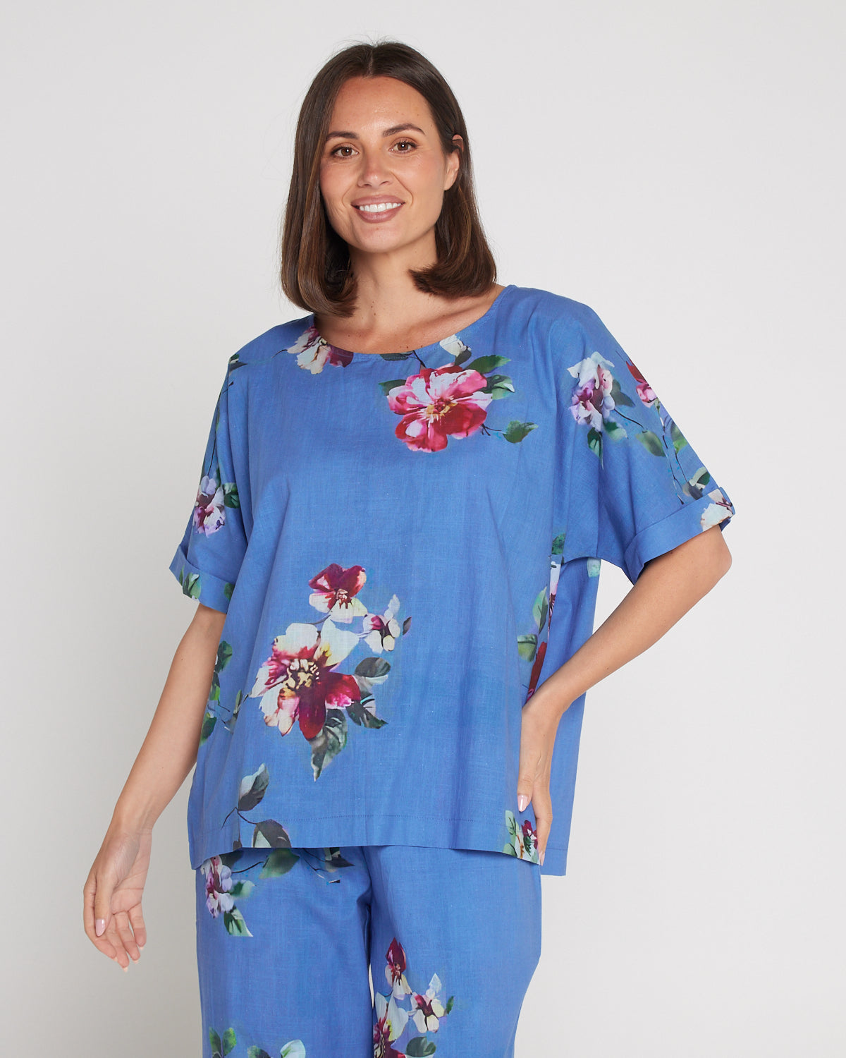 Jasmin Washed Cotton Top - Denim Floral
