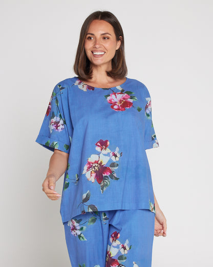 Jasmin Washed Cotton Top - Denim Floral