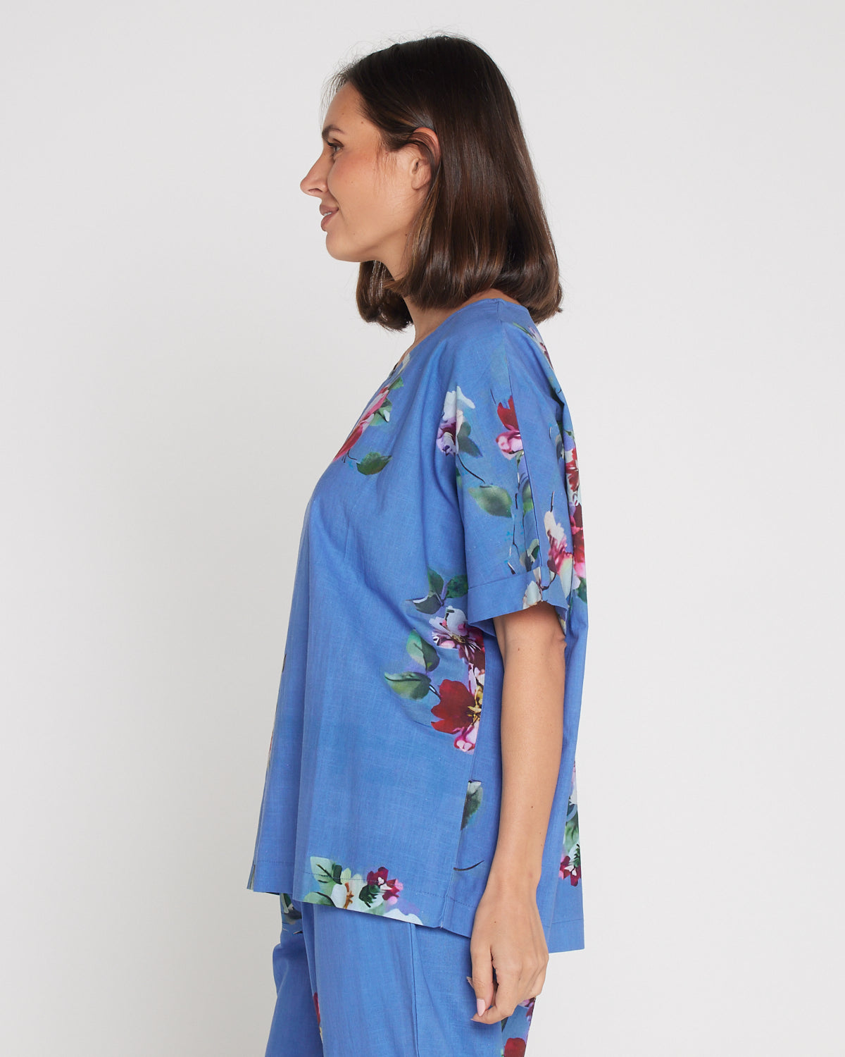 Jasmin Washed Cotton Top - Denim Floral