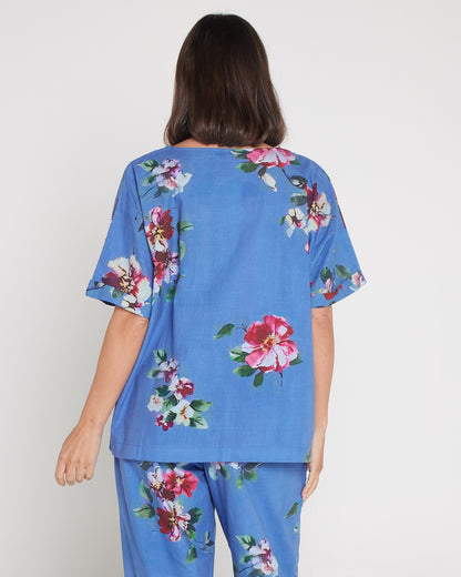 Jasmin Washed Cotton Top - Denim Floral