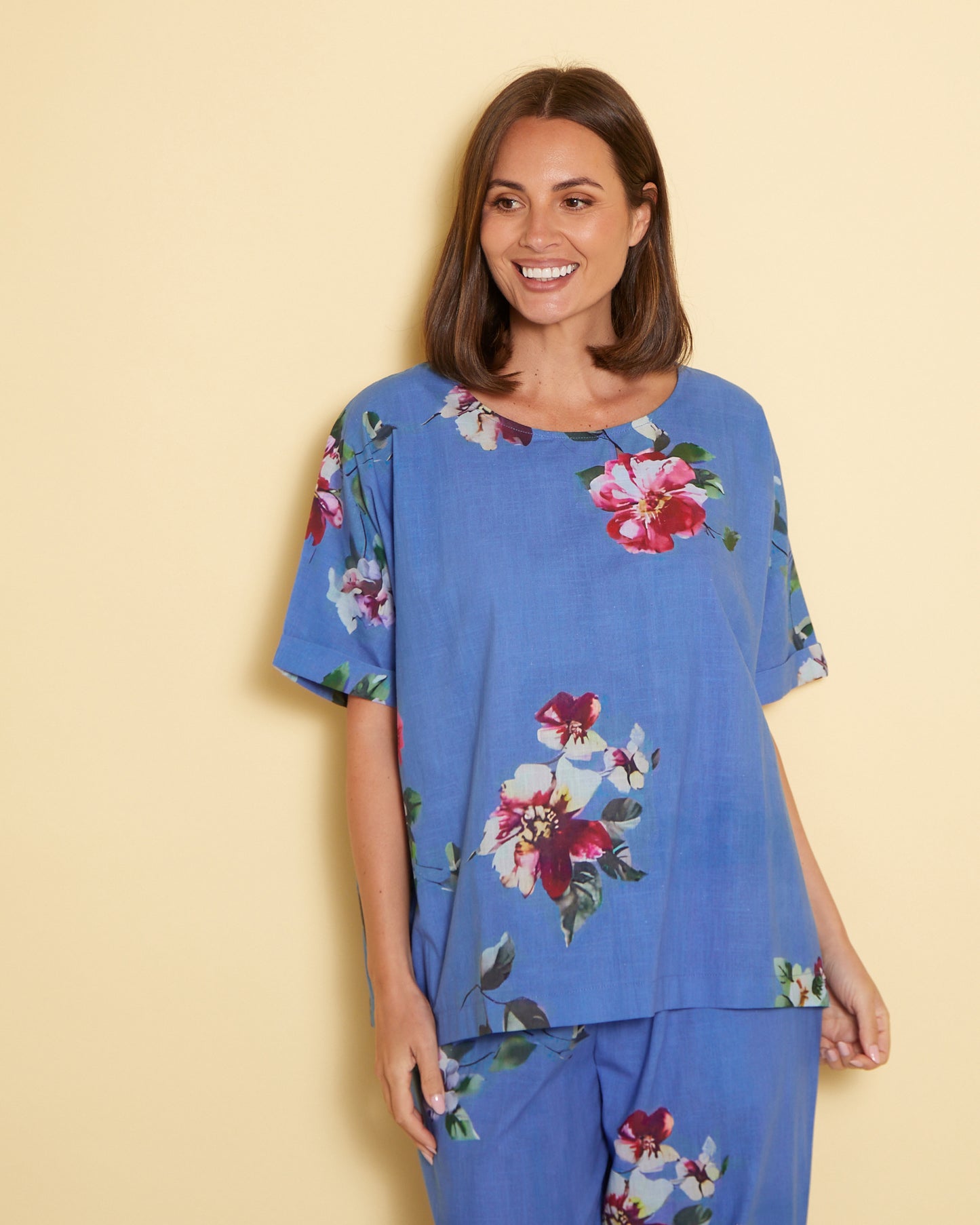 Jasmin Washed Cotton Top - Denim Floral