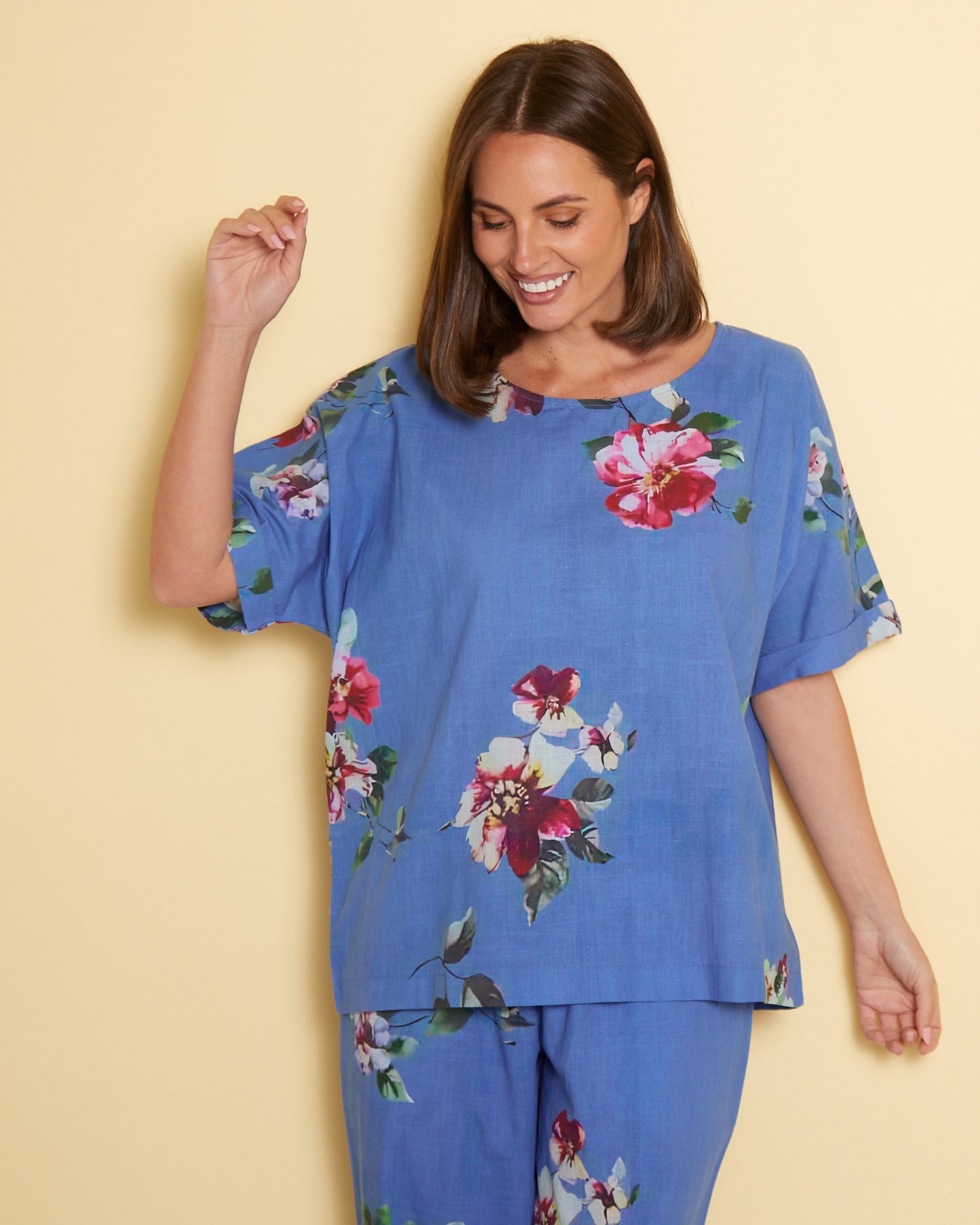 Jasmin Washed Cotton Top - Denim Floral