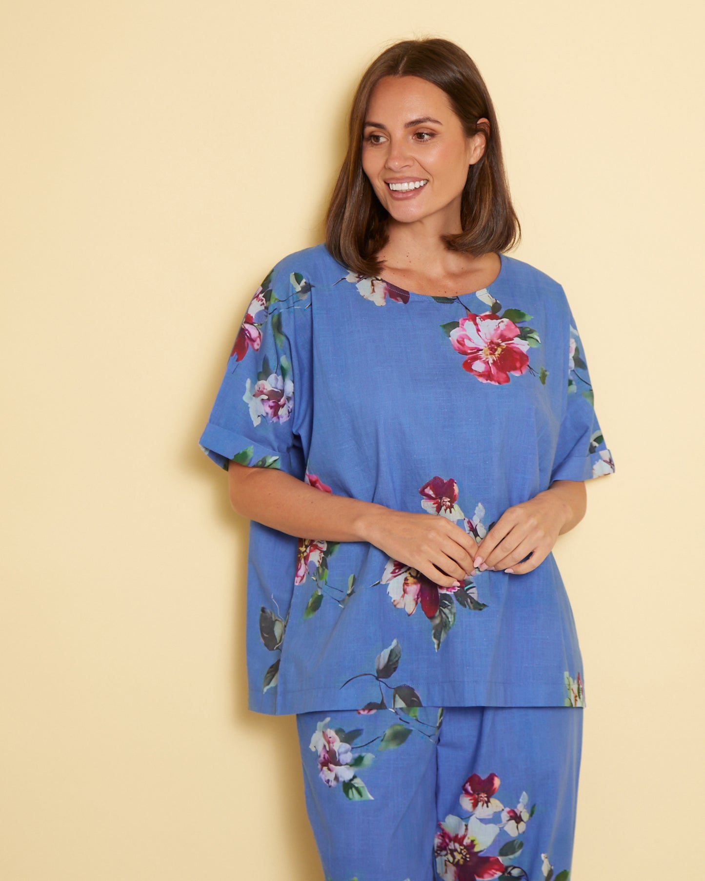 Jasmin Washed Cotton Top - Denim Floral