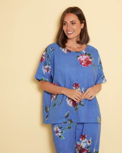 Jasmin Washed Cotton Top - Denim Floral