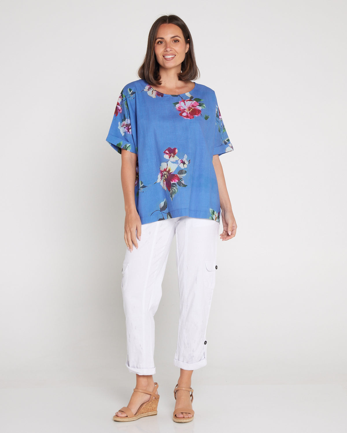 Jasmin Washed Cotton Top - Denim Floral