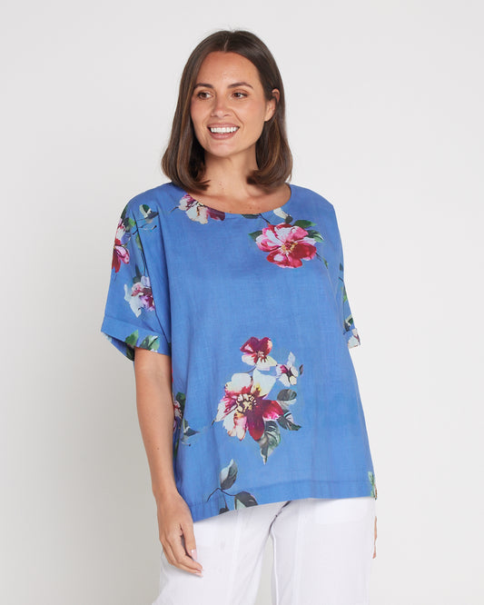 Jasmin Washed Cotton Top - Denim Floral